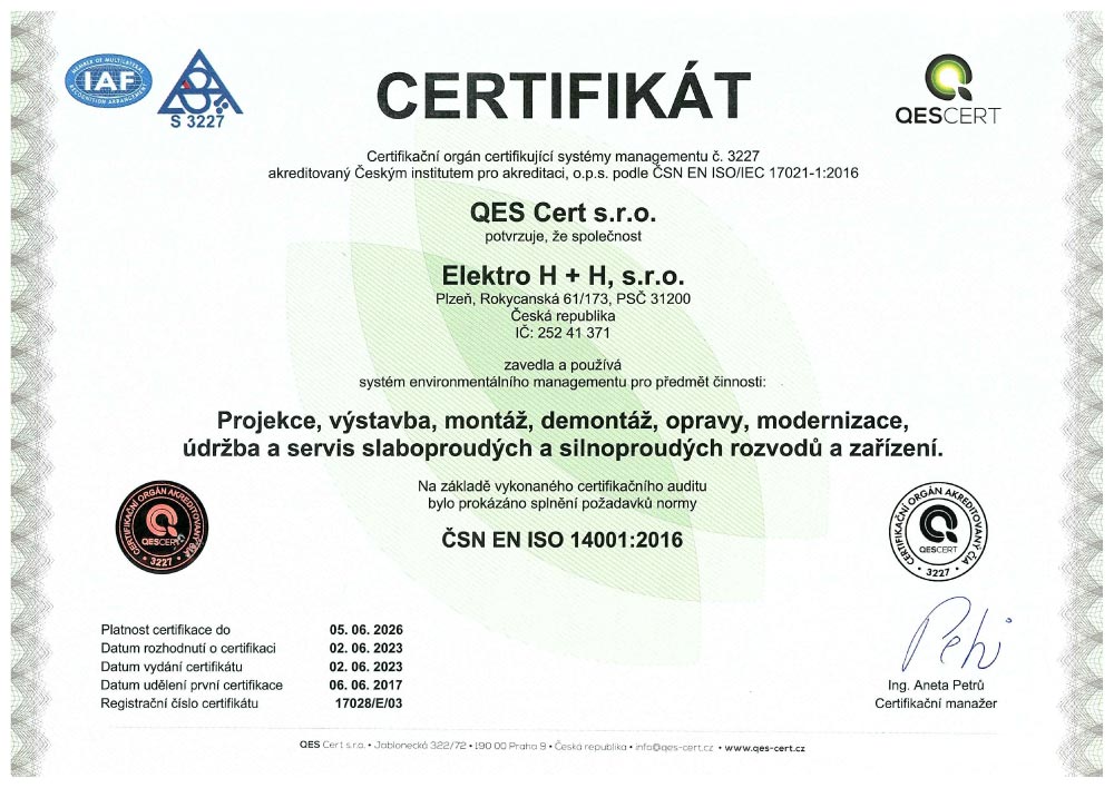 CERTIFIKACE ISO14001:2016 CZ