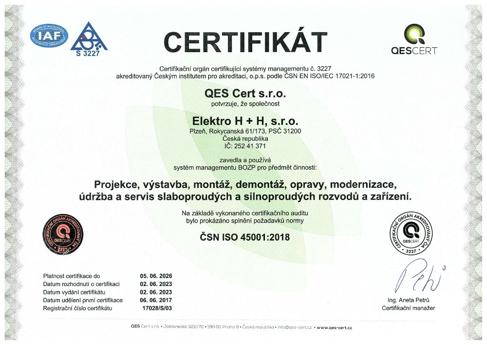 CERTIFIKACE ISO45001:2018 CZ