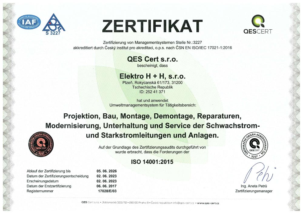 CERTIFIKACE ISO14001:2015 DE