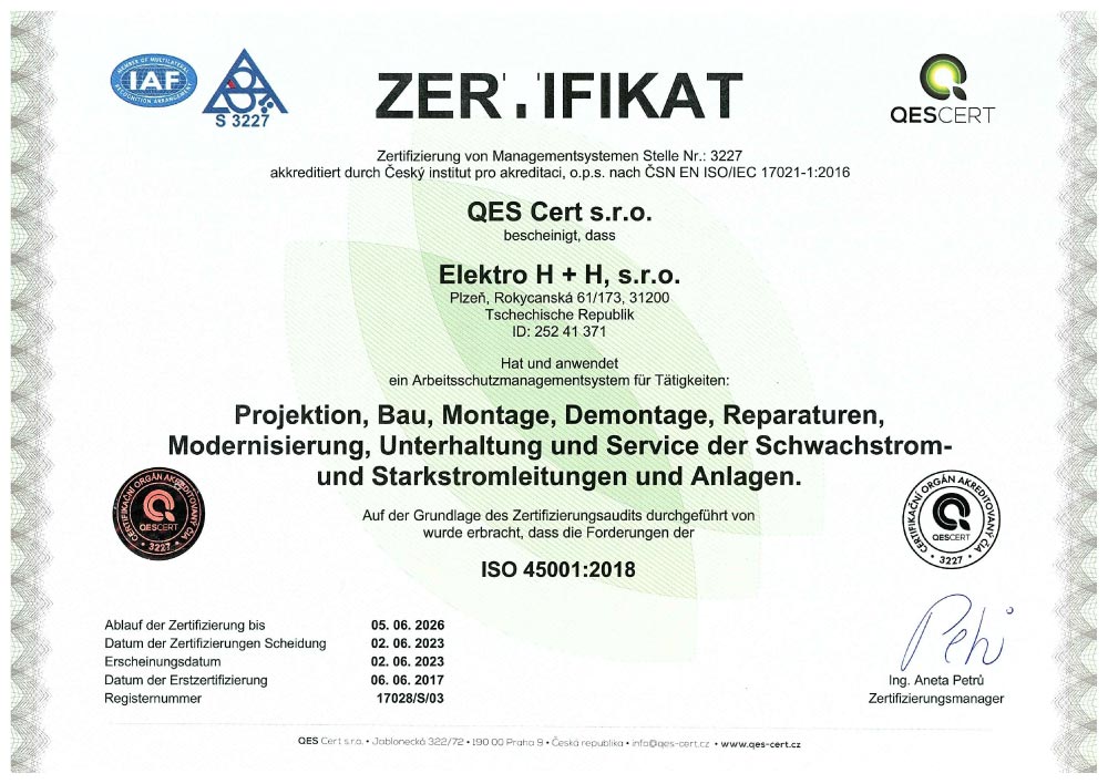 CERTIFIKACE ISO45001:2018 DE
